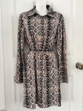 Long Sleeve Snake Print Shirt Dress - Brown/Black